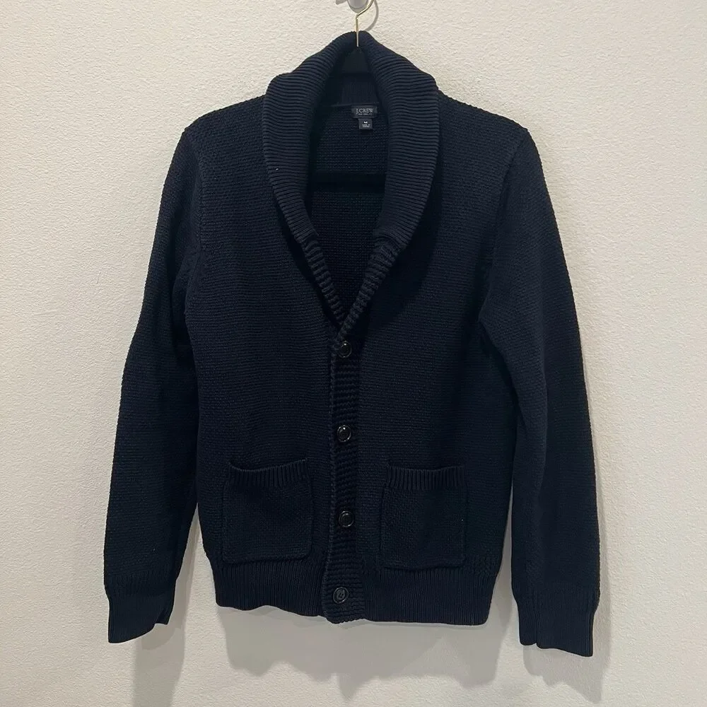 J. Crew Cotton Cable Knit Shawl-Collar Cardigan M Navy Heritage Academia Preppy